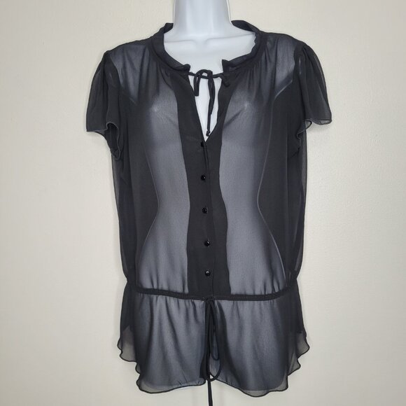 Y2k black semi sheer peplum office siren cute goth career work top button front - Picture 1 of 5